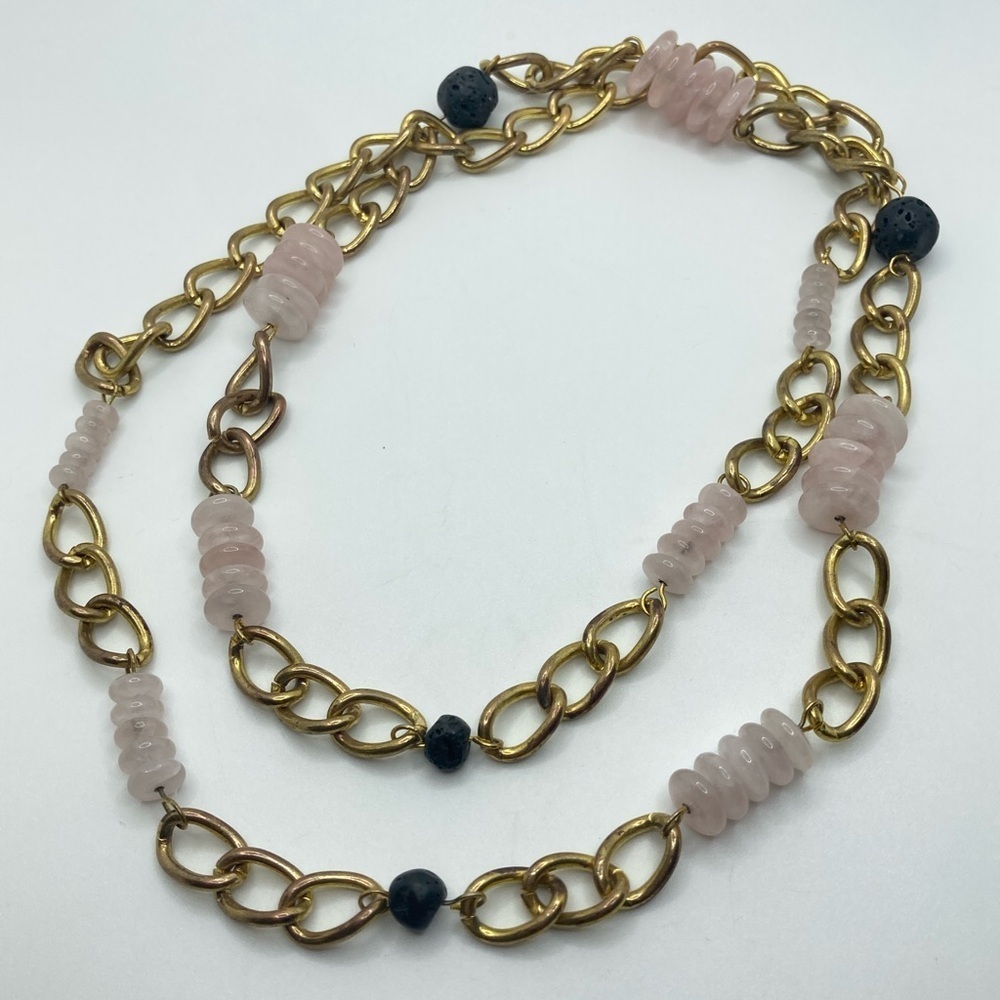 𝅺real Rose Quartz Donut & Round Lava Rock Beads Gold Tone Endless Chain 36”